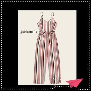 Pink, navy blue - Striped cami jumpsuit